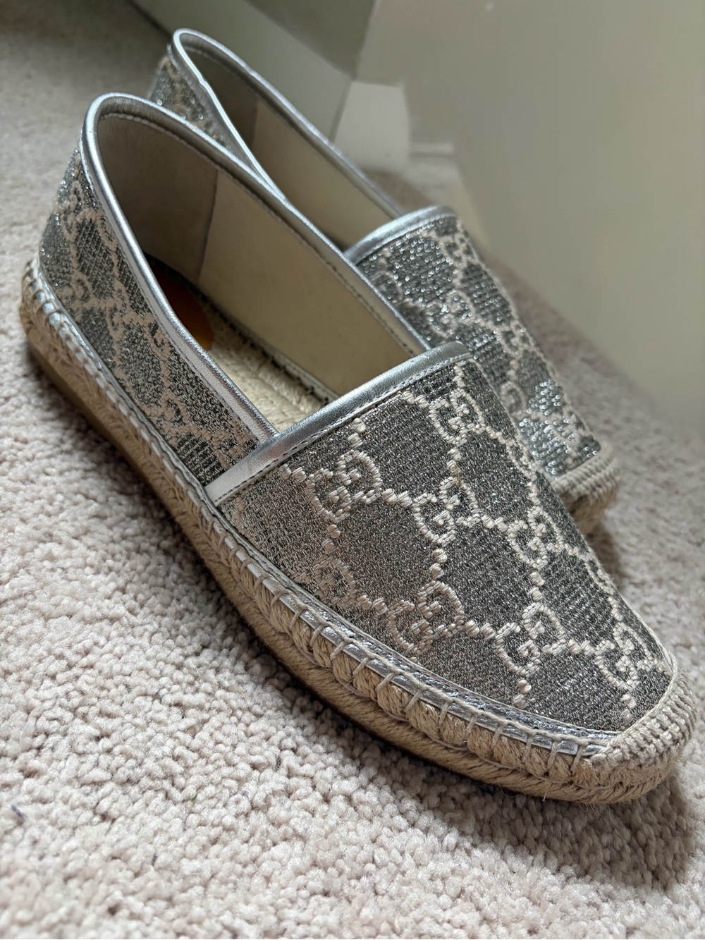 Gucci Silver Metallic Monogram Espadrille Flats